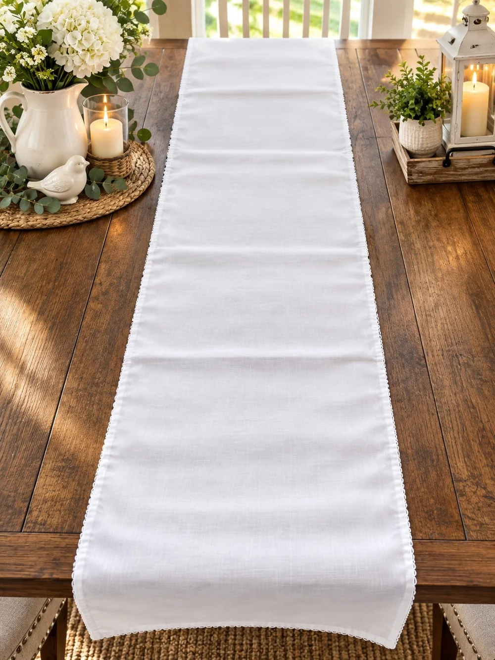 White Embroidered Floral Table Runner
